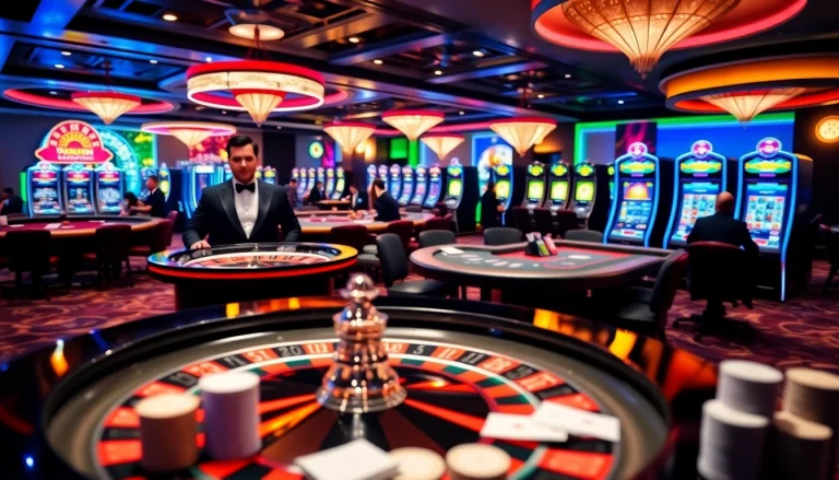 Engaging casino scene showcasing players at tables and roulette wheel at https://okfun02.co/ for a thrilling experience.
