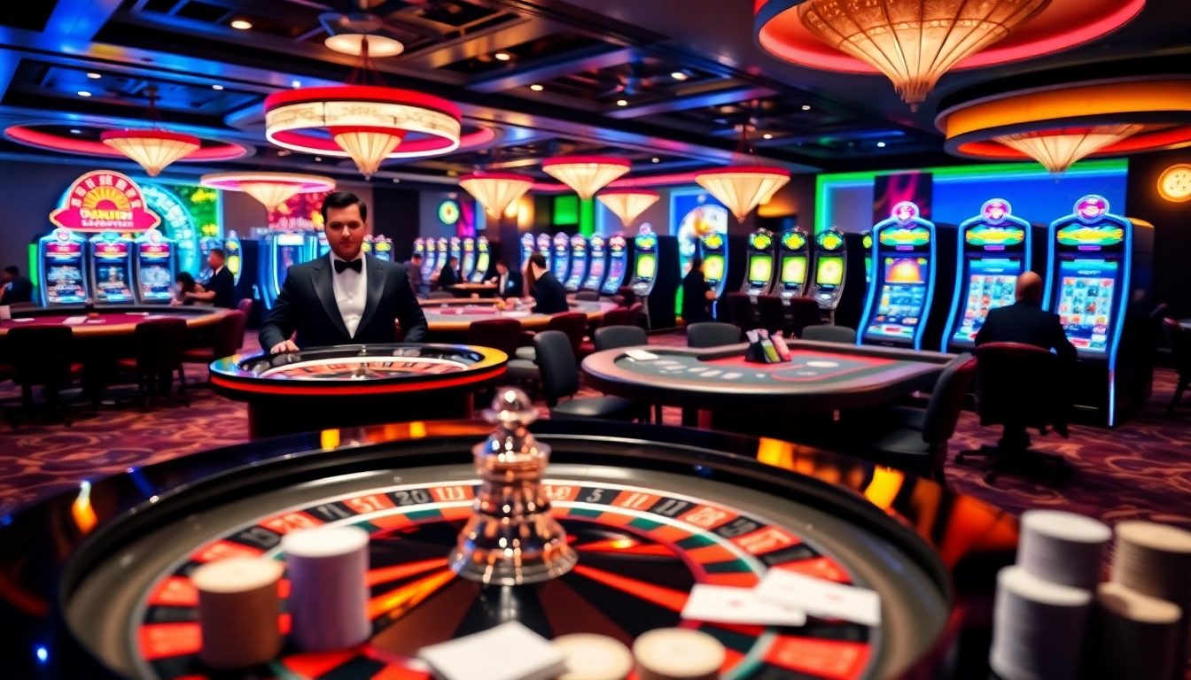 Engaging casino scene showcasing players at tables and roulette wheel at https://okfun02.co/ for a thrilling experience.