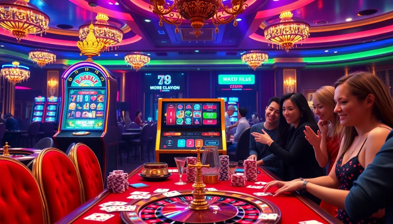 Players enjoying a slot machine experience at 789WIN casino, showcasing thrilling gambling elements.