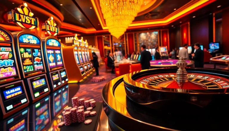 Immerse in the luxury12 premium gambling experience with vibrant slot machines and a gleaming roulette wheel.