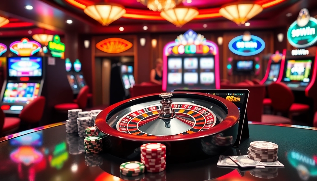 98Win casino scene showcasing poker chips and a spinning roulette wheel in a vibrant setting