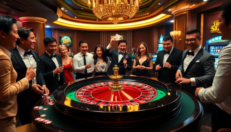 Excited gamblers playing at KK55.com, featuring a luxurious roulette table and vibrant poker chips.