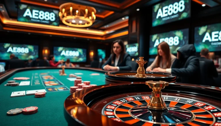 Excitement builds as players engage at the AE888 casino gaming table, showcasing vibrant poker chips and cards.