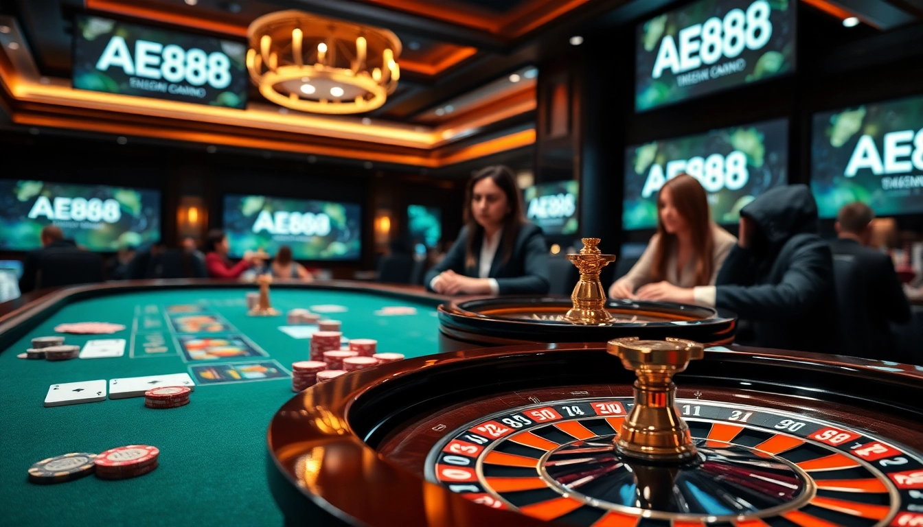 Excitement builds as players engage at the AE888 casino gaming table, showcasing vibrant poker chips and cards.