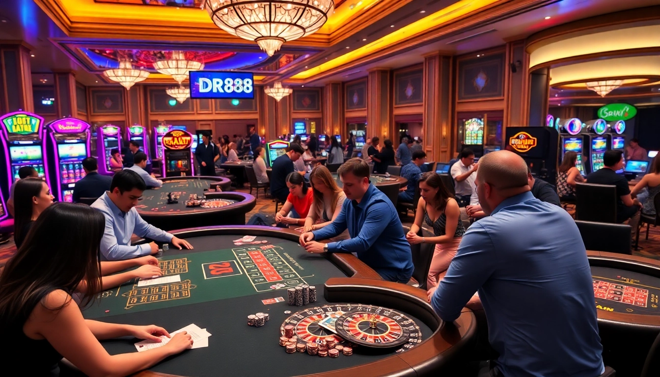 Active gamblers winning at DR88, featuring casino tables and vibrant slot machines.