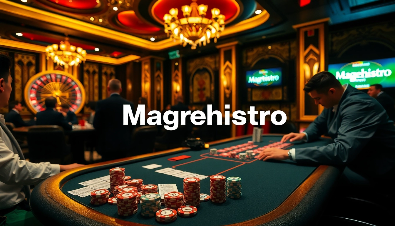 Players at a poker table strategizing while focusing on the excitement of Magrehistro in a vibrant casino.