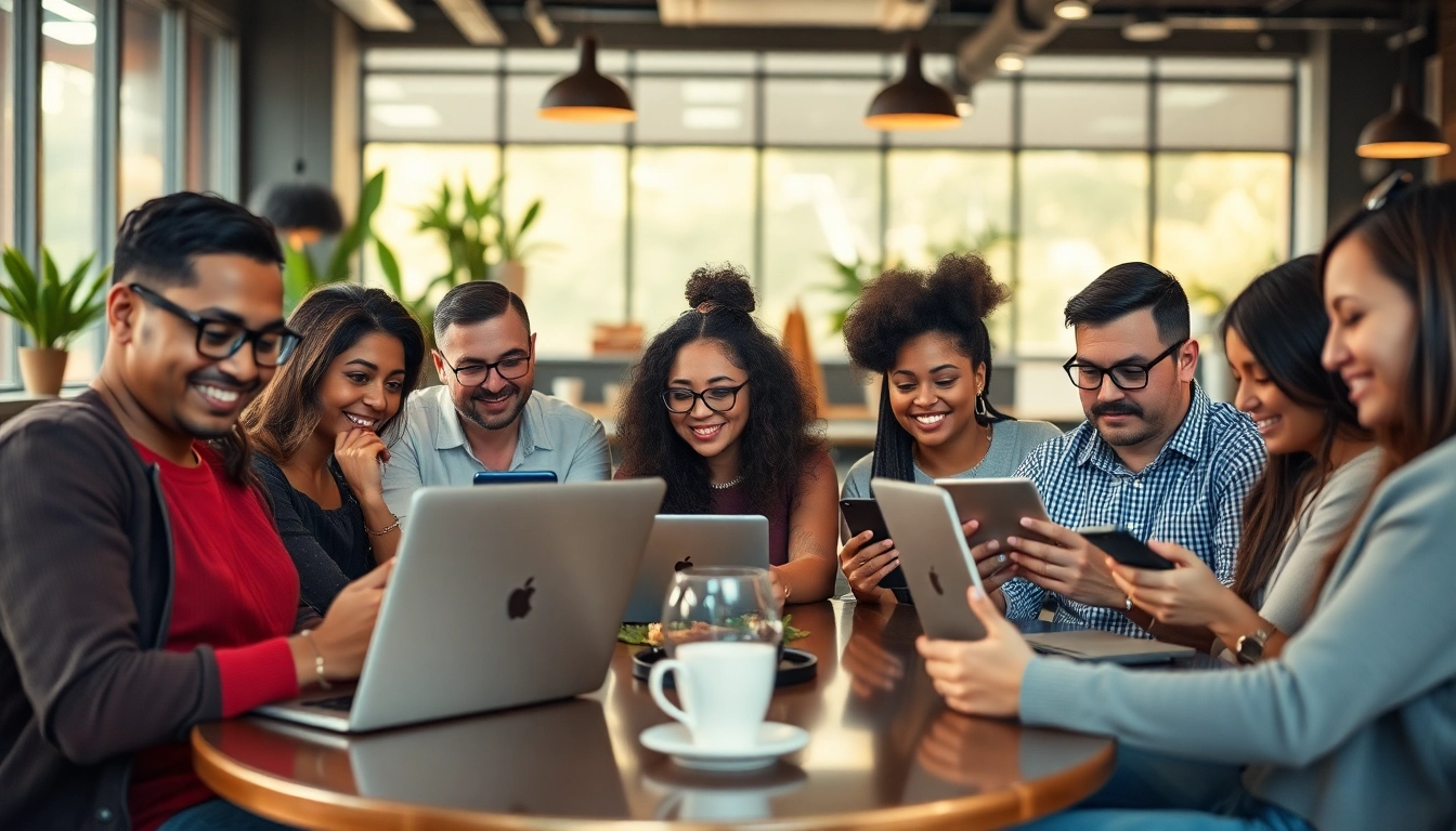 Dynamic scene showcasing diverse users engaging in OnlyFans Search for content creators in a modern café.