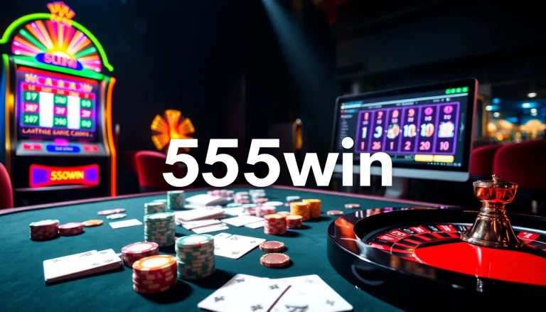Experience the thrill of 555win with an exciting casino scene featuring cards, chips, and a roulette wheel.