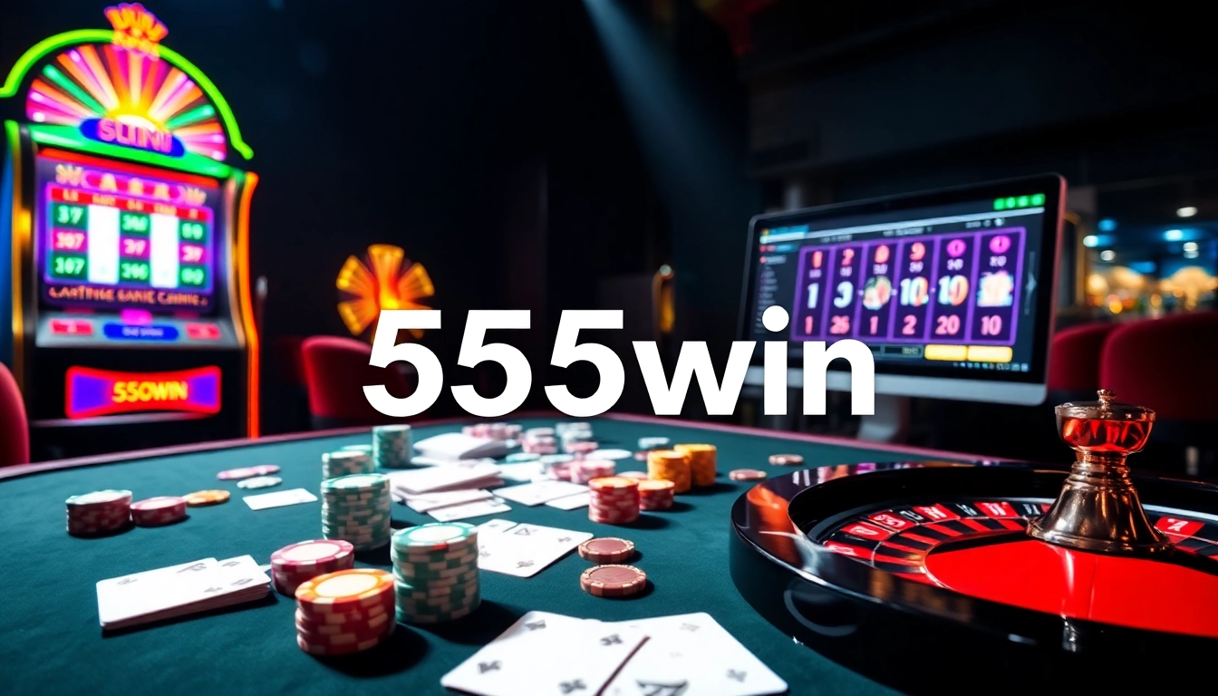 Experience the thrill of 555win with an exciting casino scene featuring cards, chips, and a roulette wheel.