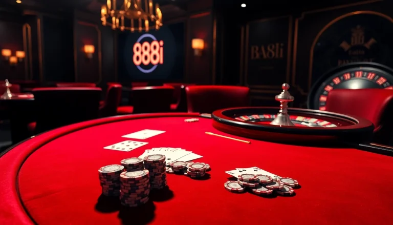 Experience high-stakes gaming at 88i with a luxurious poker table, vibrant chips, and dramatic lighting.