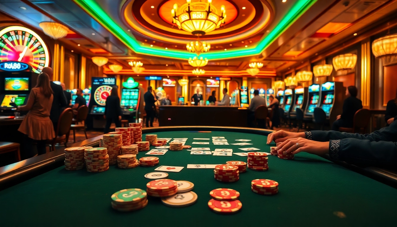 Experience the thrill of gambling at RR88, showcasing vibrant poker tables and dazzling slot machines.