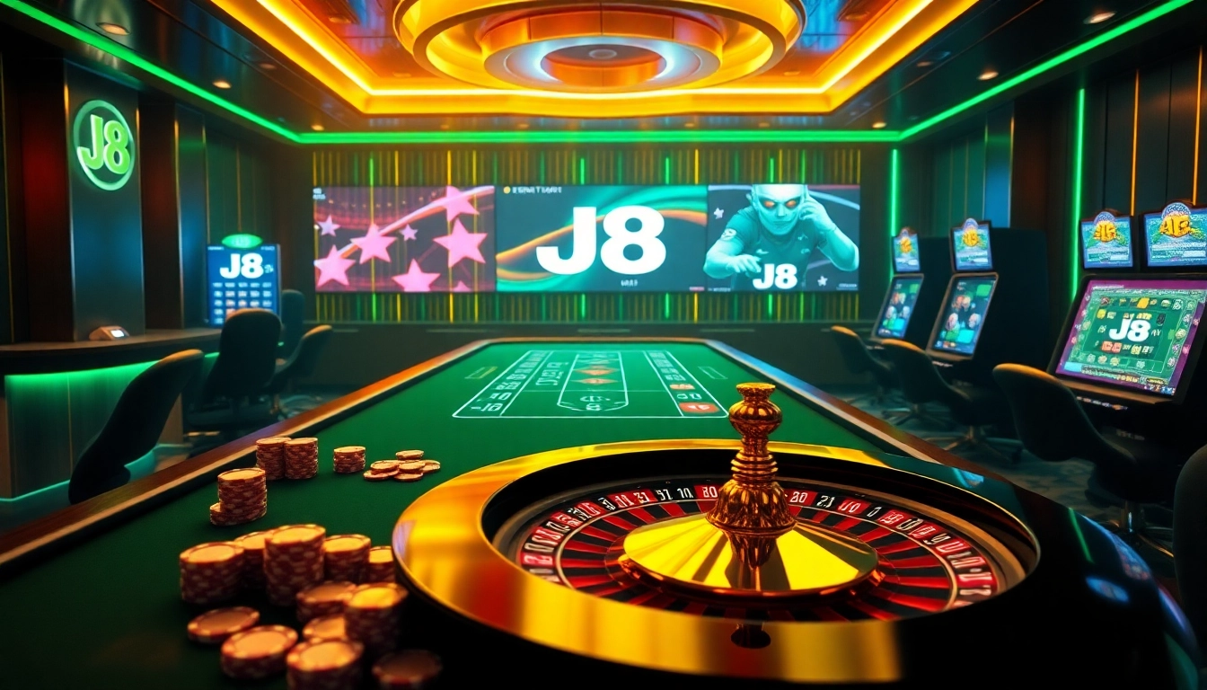 Experience thrilling gaming at the J8 casino with vibrant poker chips and roulette.
