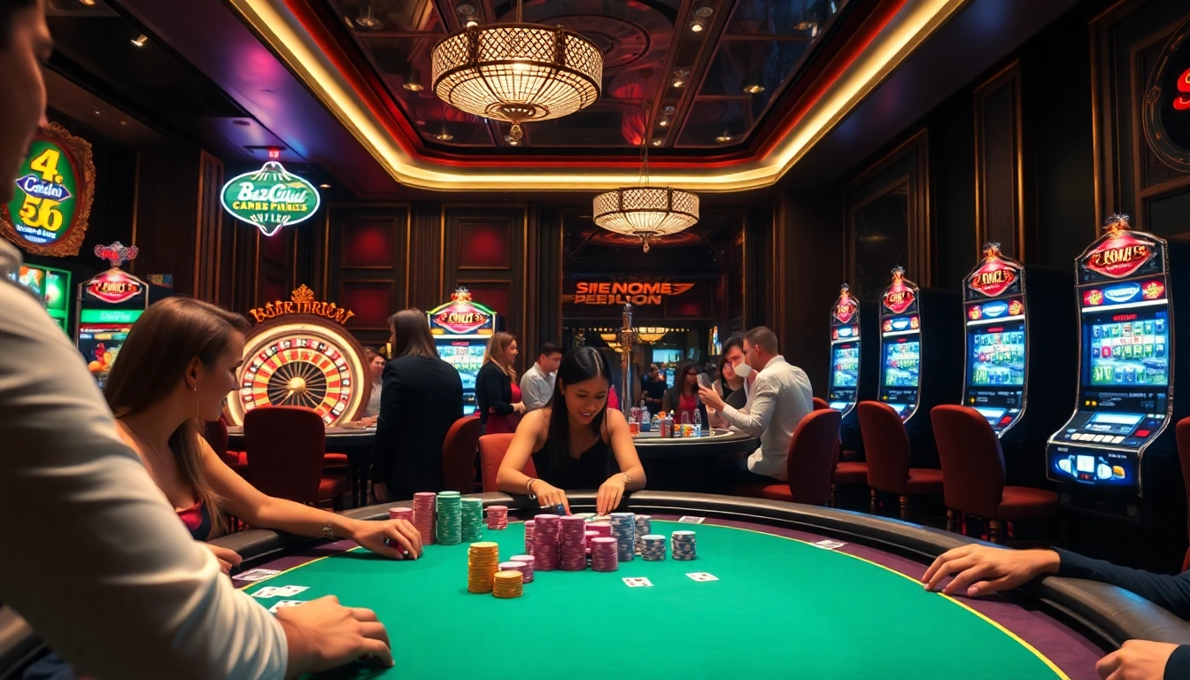 A lively scene at B52club featuring players at a poker table and a roulette wheel, showcasing the excitement of casino gaming.