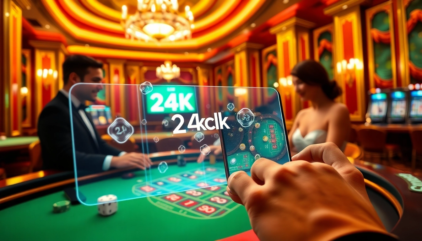 A couple enjoying a luxury casino experience while using the 24kclub app on a smartphone alongside a roulette table.
