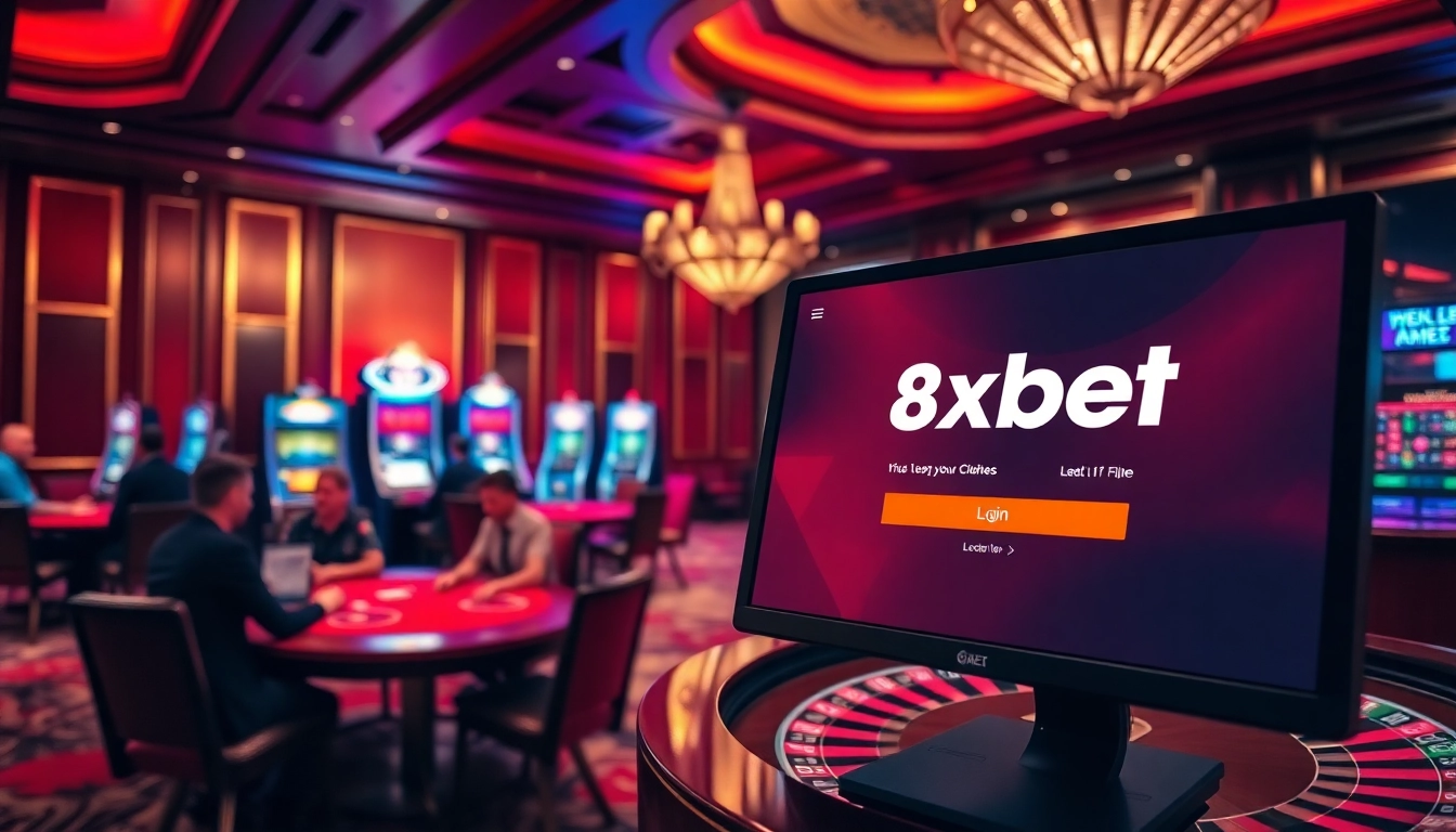 Engage in the action with the 8xbet login interface visible amidst a vibrant casino scene.