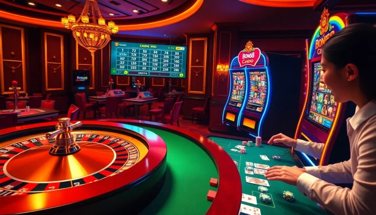 Bong88 casino features an exciting roulette table, colorful chips, and immersive slot games.