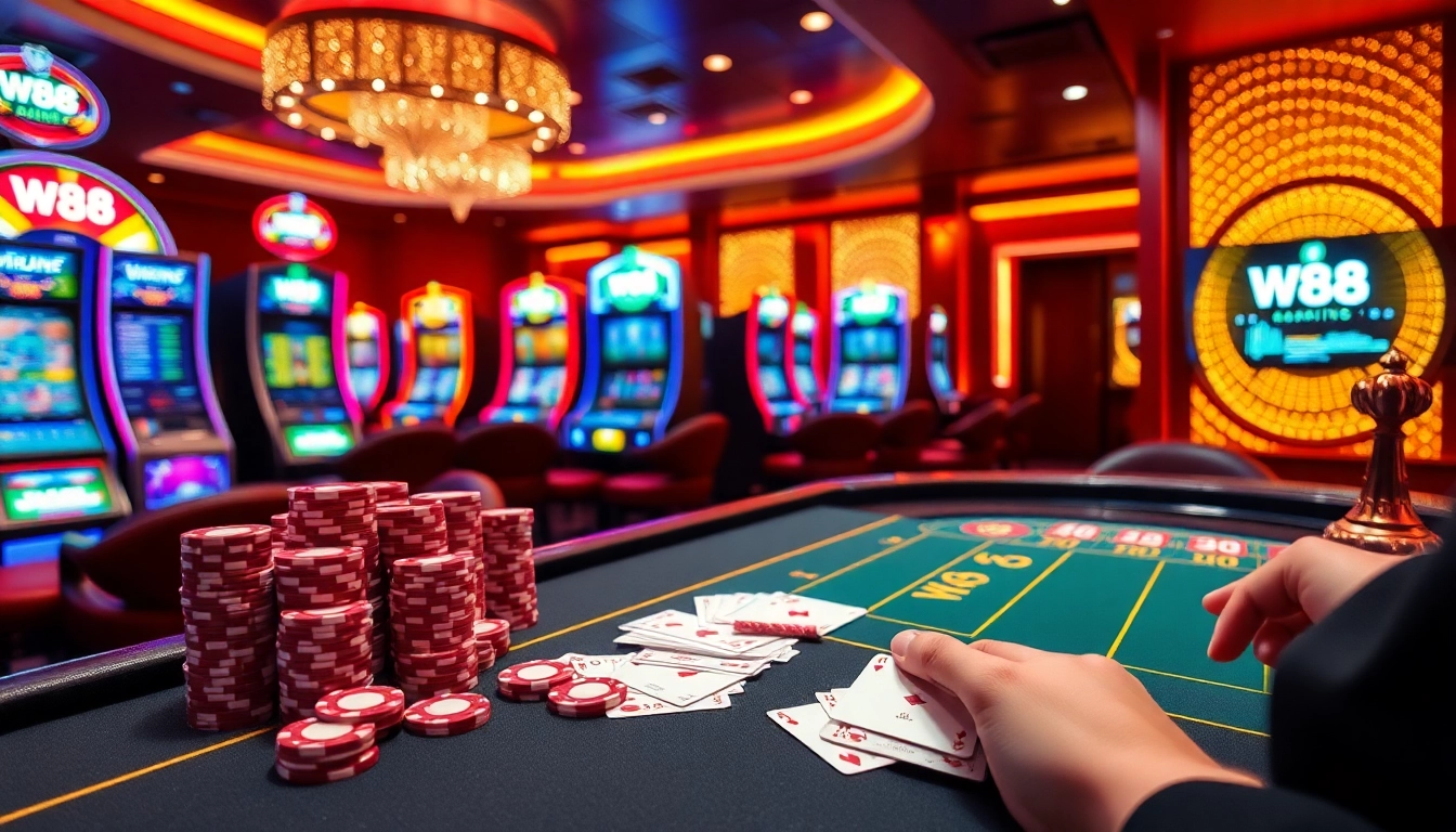 Experience high-stakes poker action at W88 casino with vibrant chips, cards, and a luxurious atmosphere.