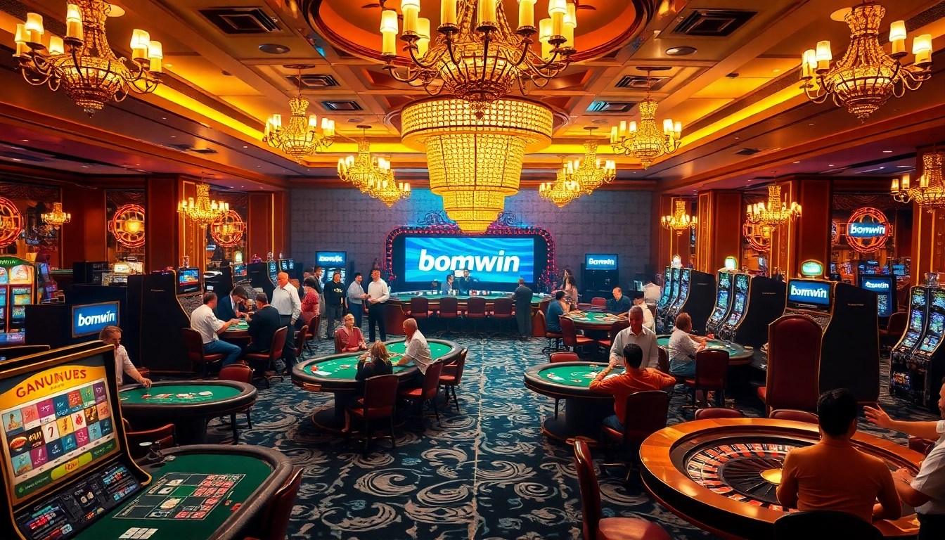 Experience the excitement of bomwin casino with vibrant gaming scenes, featuring slot machines and poker tables.