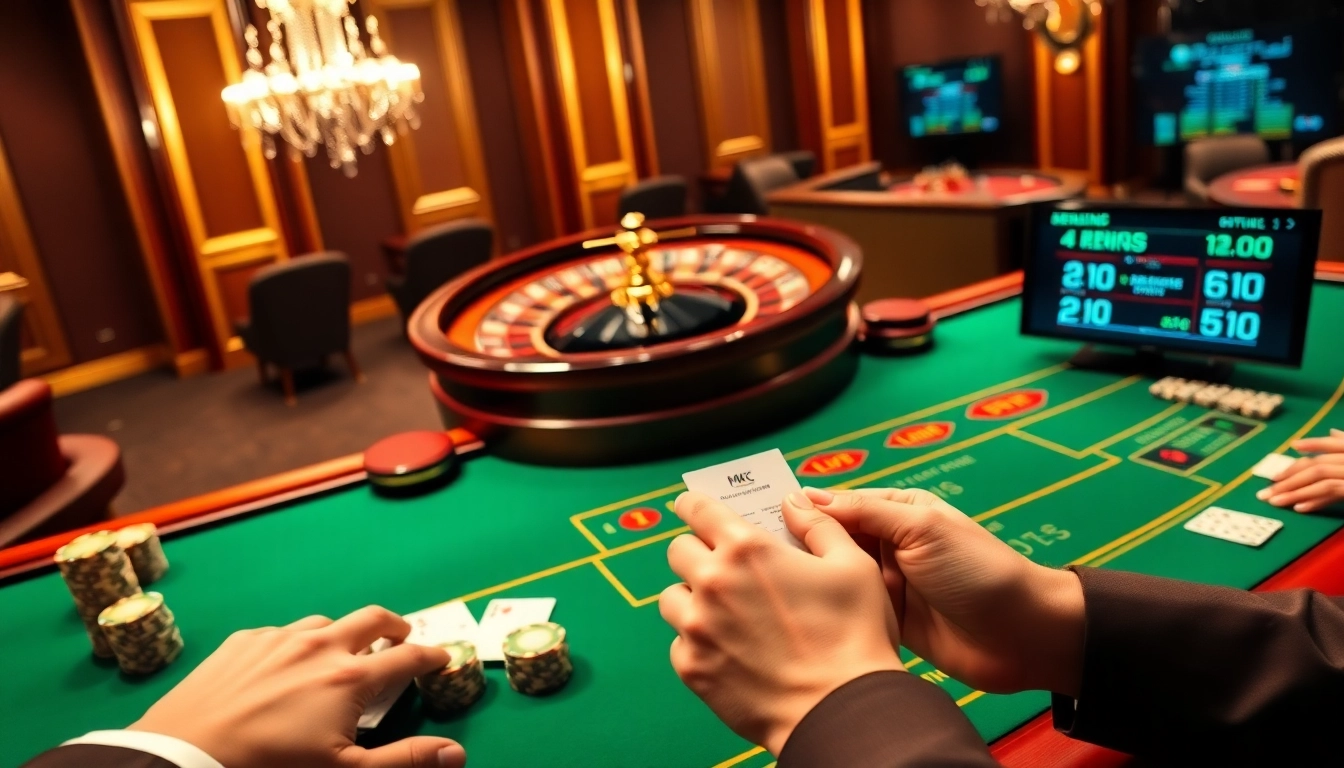Gamblers engaging with MK8's exciting online casino tables amidst poker chips and roulette wheels.