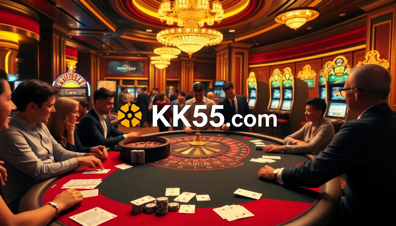 Experience thrilling gameplay at KK55.com with an immersive casino scene featuring blackjack and roulette.