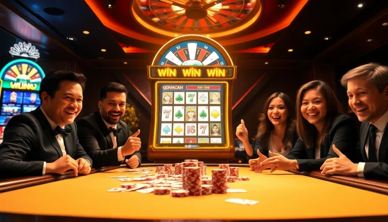 Experience the thrill of winning at the qqmacan slot machine with vibrant colors and excited players.