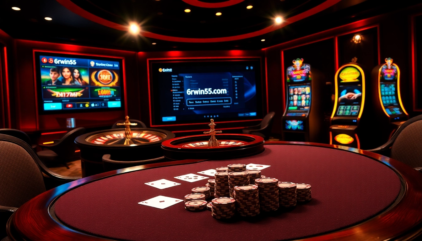 Engage in exciting gameplay at 6rwin55.com with a luxury poker table and roulette wheel.
