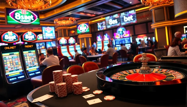 Exciting gameplay at a casino showcasing 8s bet with vibrant poker chips and slots.