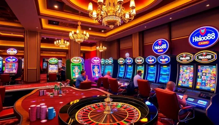Exciting casino atmosphere with Helloo88 branding, engaging players at tables and slot machines.