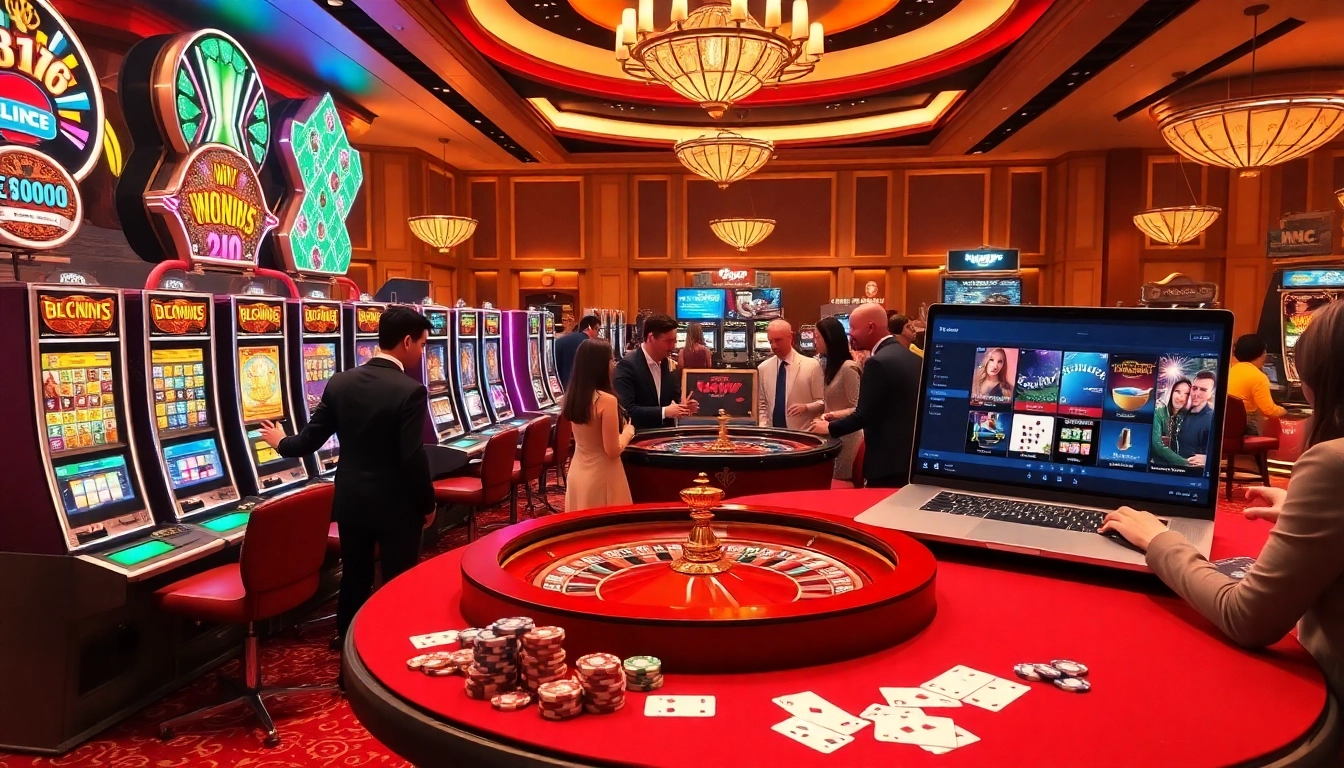 Players winning at the slot machines and roulette table at MM88's luxurious casino.