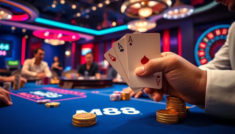 M88 poker showdown with professional players and vibrant casino elements fueling excitement.