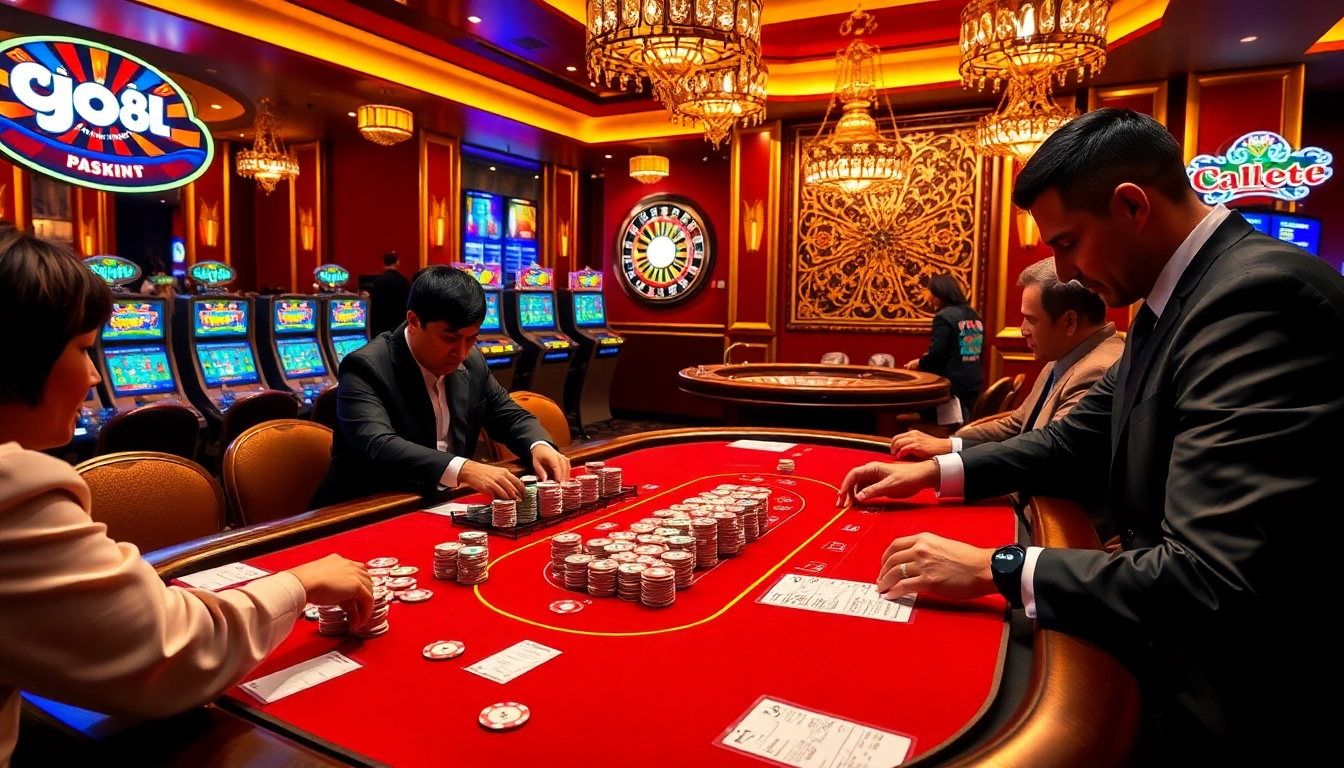 Place bets at go88's exciting poker table with colorful chips and an elegant dealer.