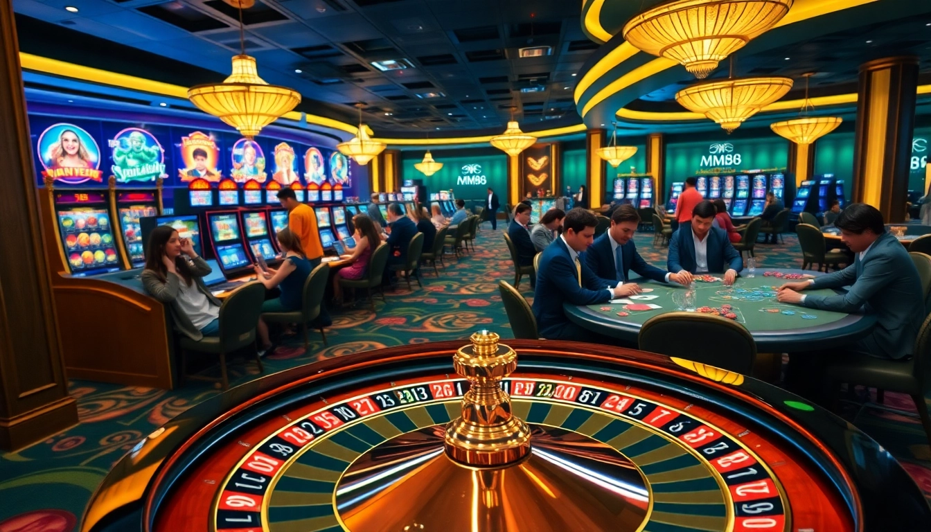 Experience the thrilling atmosphere of MM88 with vibrant slot machines and poker tables.