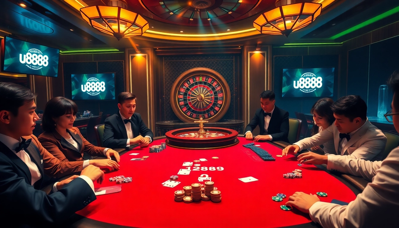 High-stakes poker game featuring the u888 logo, luxurious chips, and vibrant casino atmosphere.