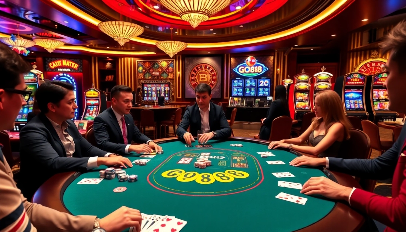 GO88 poker table with excited players highlighting vibrant casino activity