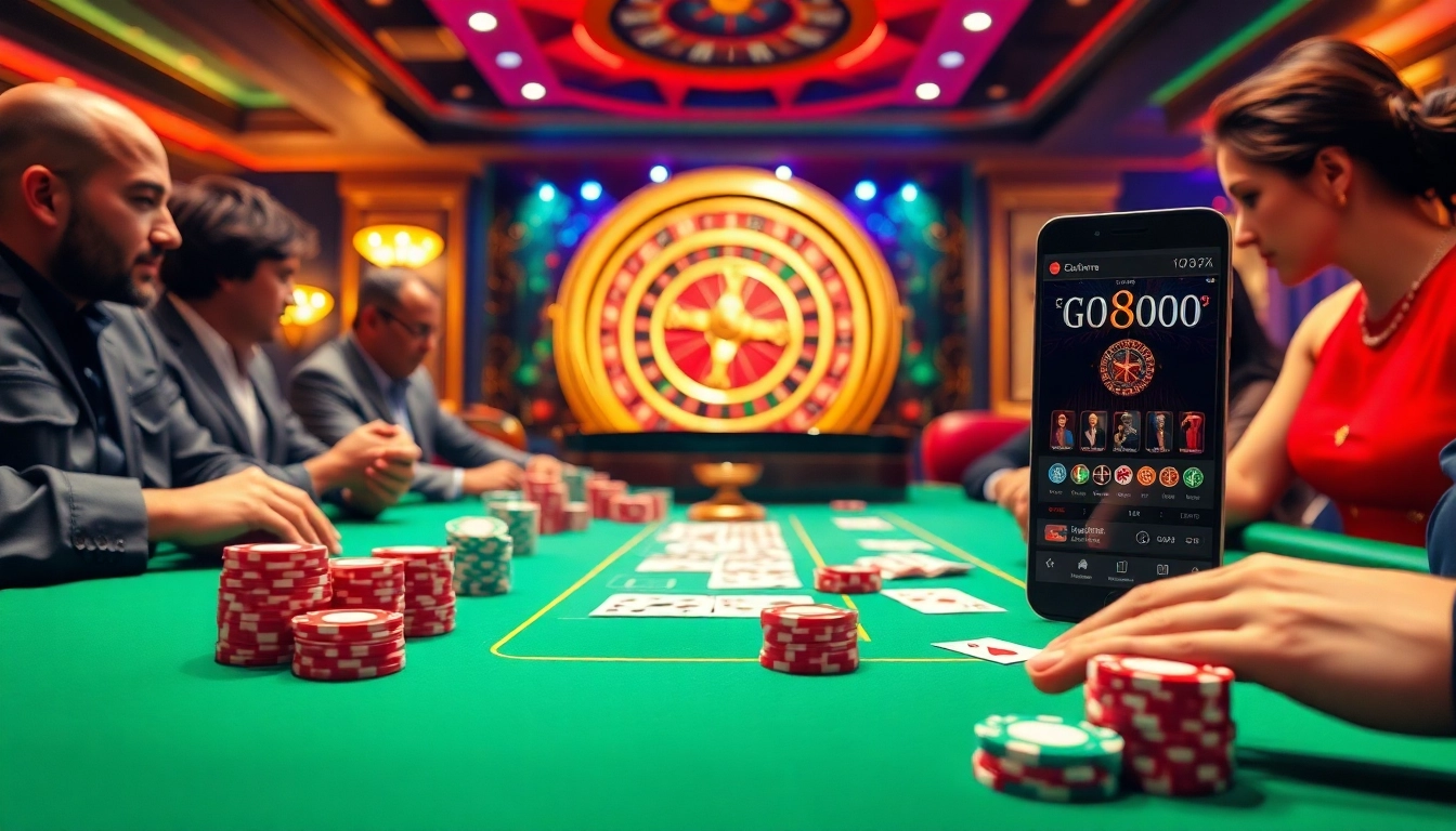 Engaged players at a high-stakes poker table, capturing the essence of excitement at https://go8vni.com/ with glossy chips and cards.