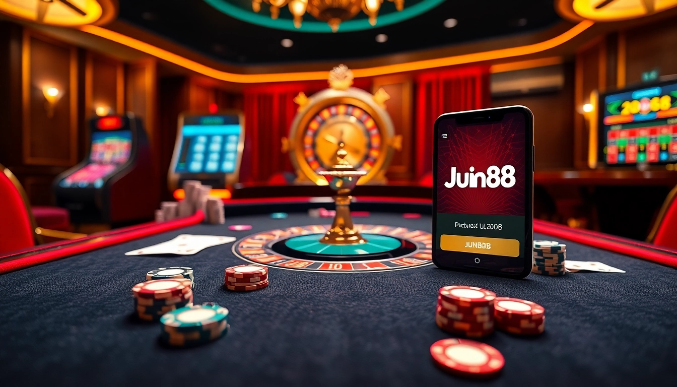 Experience the excitement of Jun88 casino games with vibrant poker chips and luxurious gaming tables.