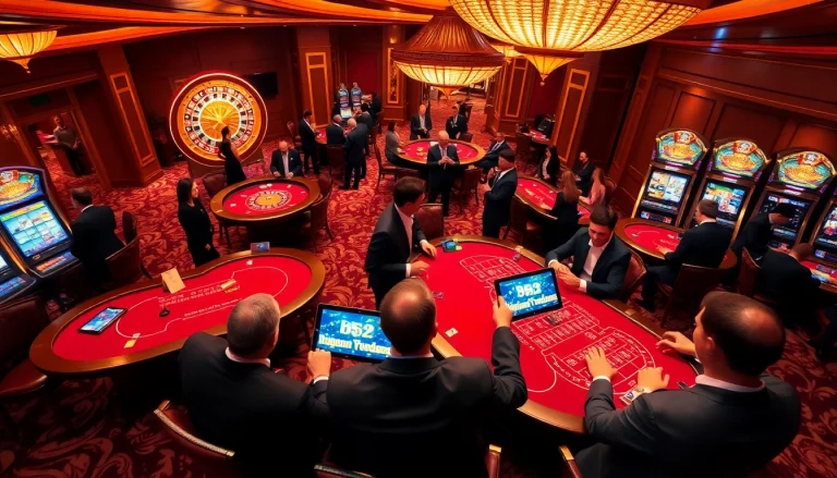 B52club players enjoying a lively casino experience at vibrant tables and modern devices.