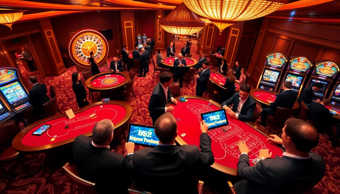 B52club players enjoying a lively casino experience at vibrant tables and modern devices.