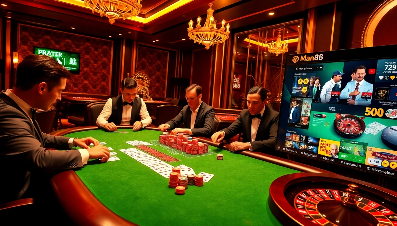 Man88 players enjoying high-stakes poker in a glamorous casino environment.