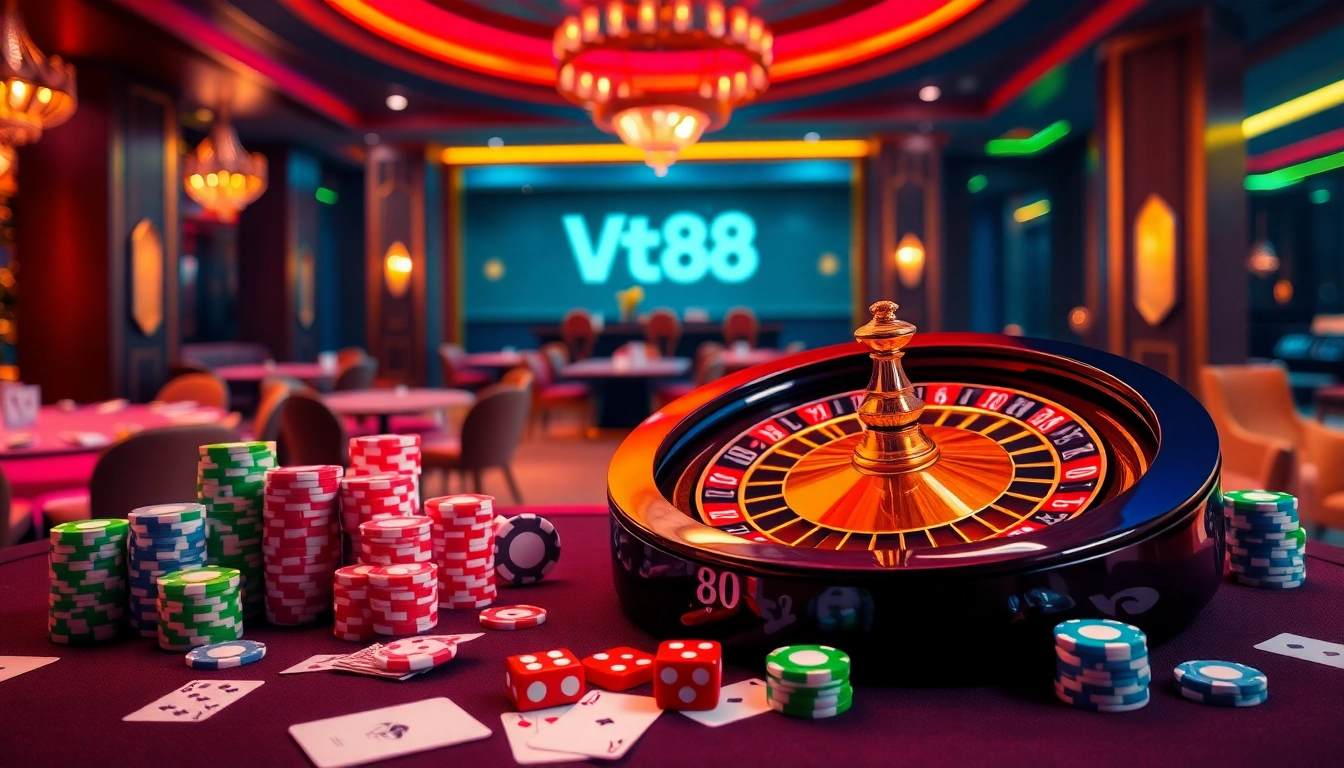 Exciting scene of Vt88 nhà cái casino with vibrant gaming elements like poker chips, roulette wheel, and colorful cards.