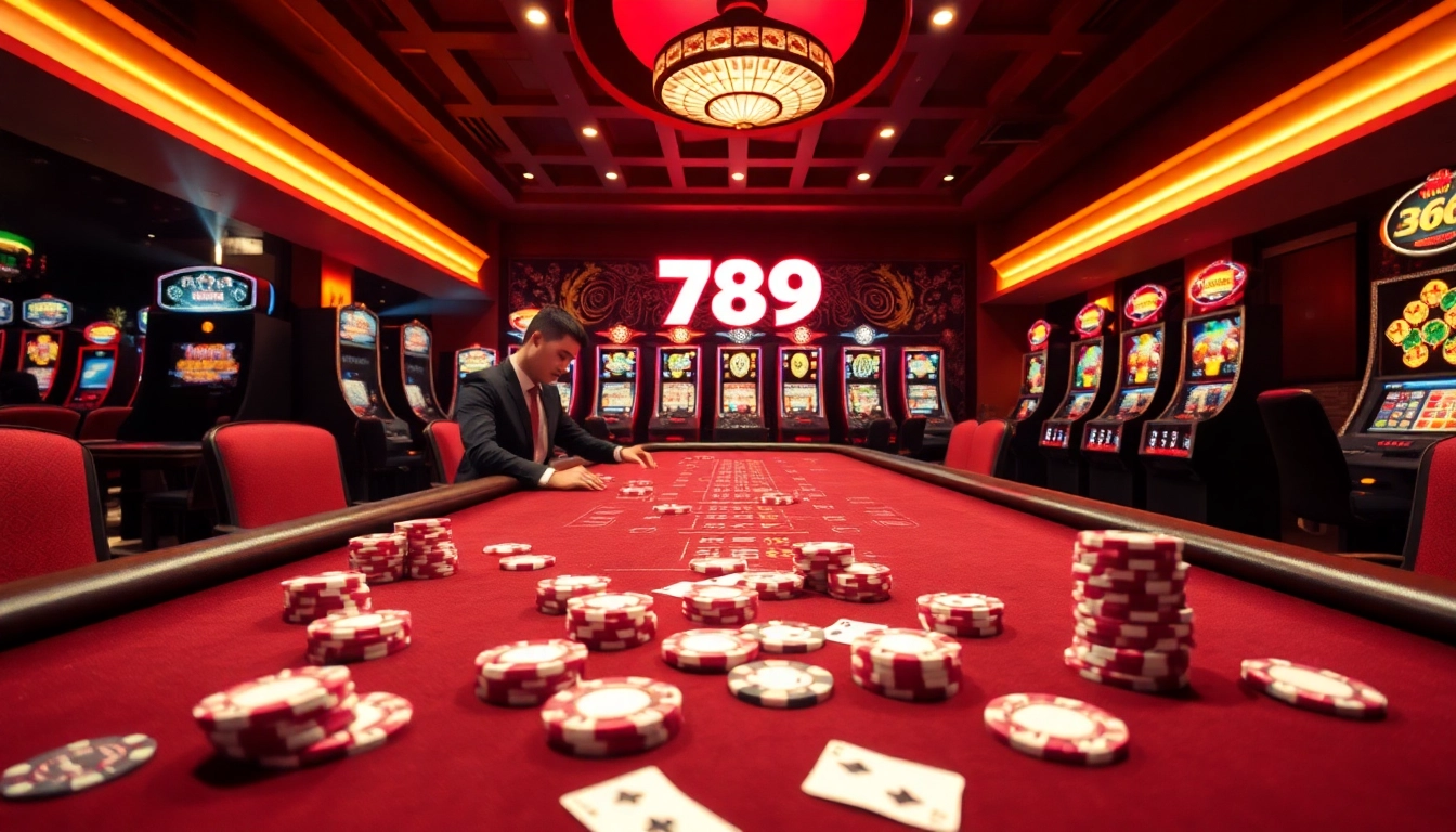Gambling at 789win featuring luxurious casino tables, vibrant slot machines, and high-stakes excitement.
