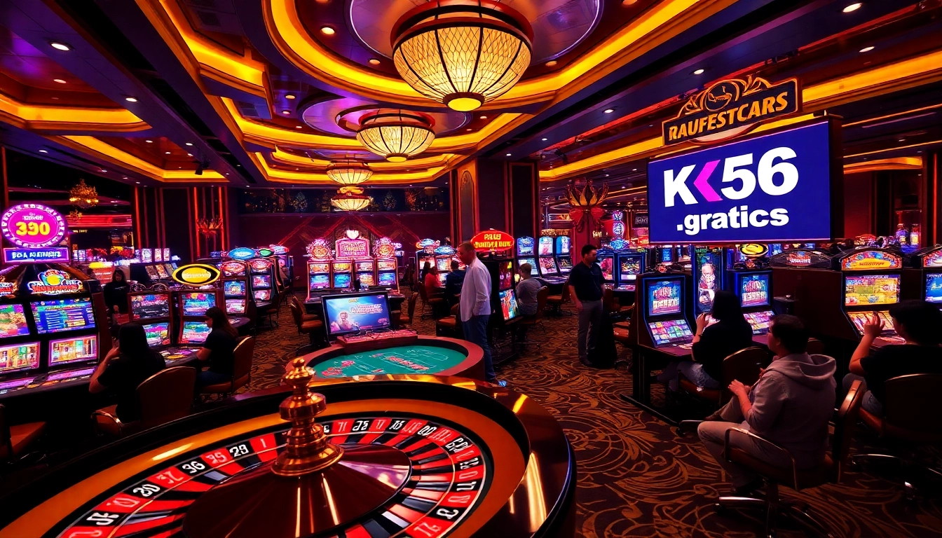Players celebrating big wins at a luxurious casino with KK55.gratis branding.