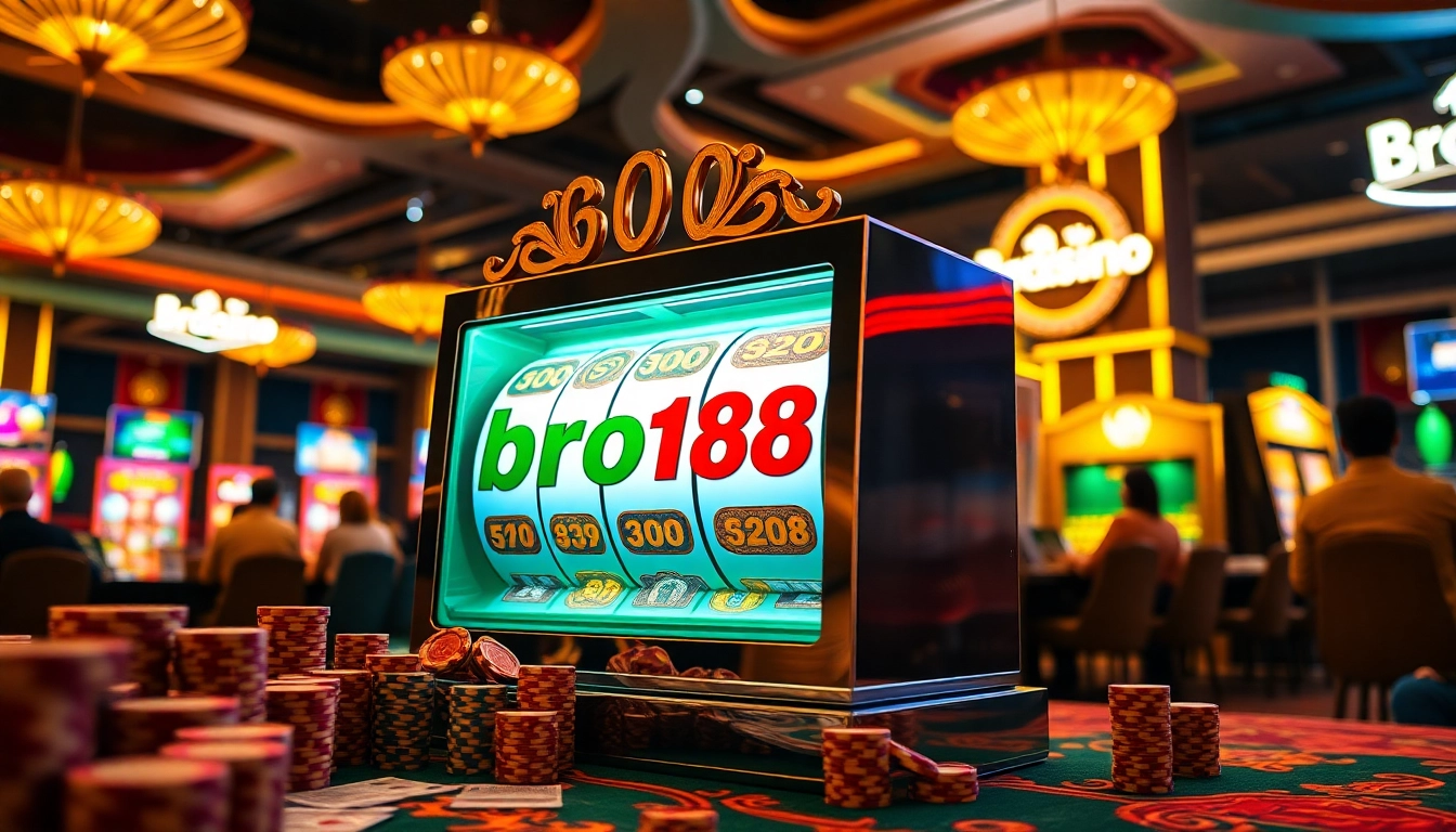 Experience the excitement of bro138 at a luxurious casino with vibrant slot machines and poker chips.