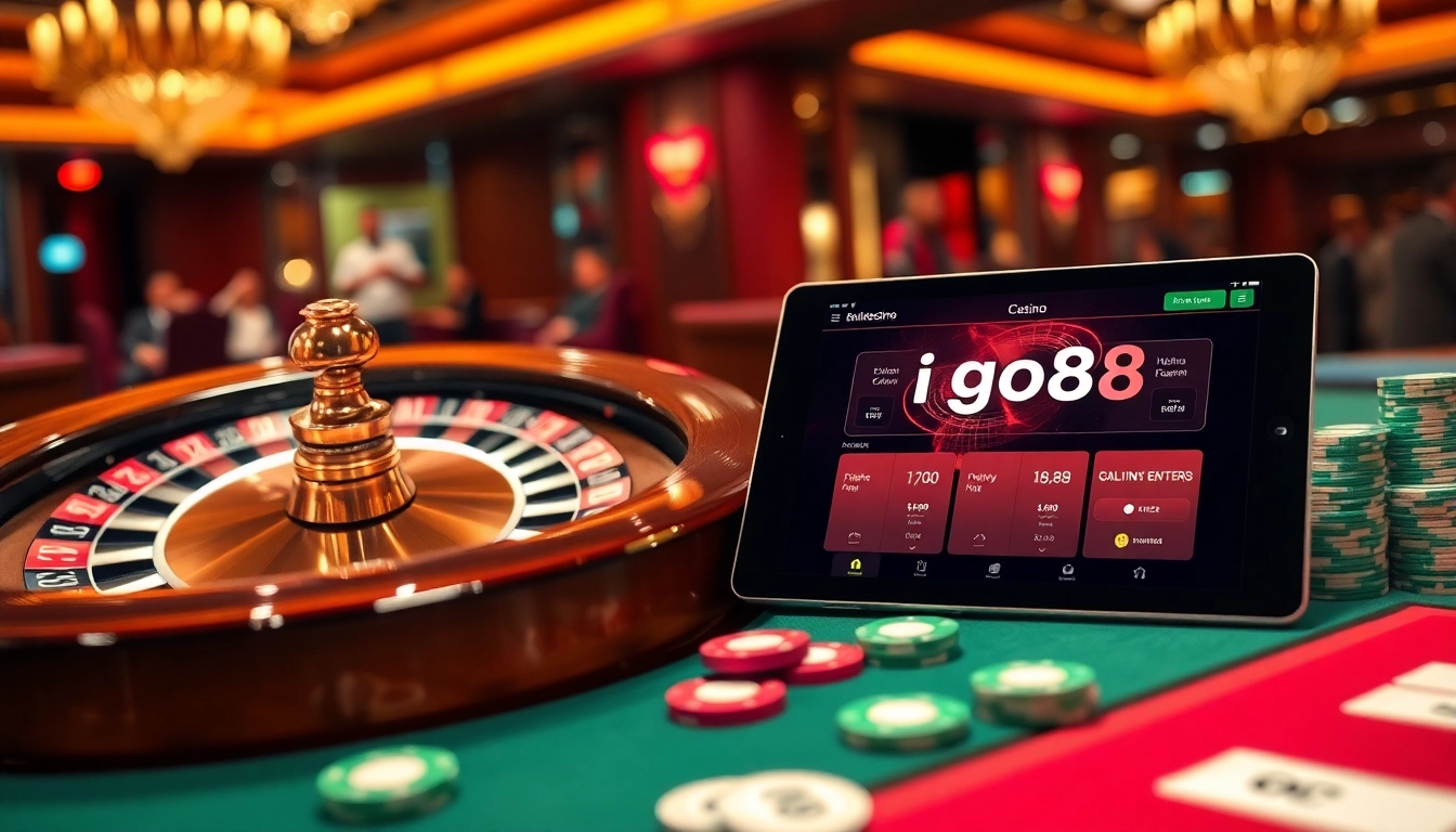 Experience the thrill of i go88 with this vibrant casino scene showcasing roulette and poker excitement.