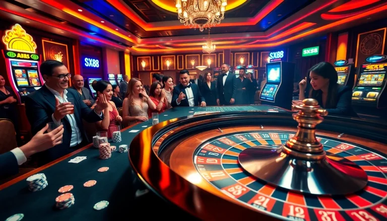 Exciting poker game scene with SX88 chips on a vibrant table in a luxurious casino.