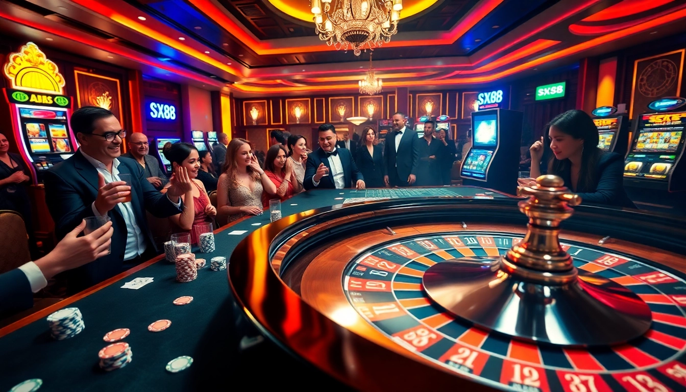 Exciting poker game scene with SX88 chips on a vibrant table in a luxurious casino.