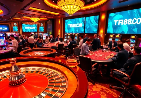 Players enjoying an exciting game at TR88.COM casino, surrounded by vibrant gambling elements.