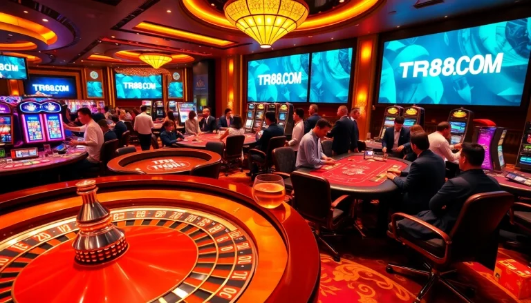 Players enjoying an exciting game at TR88.COM casino, surrounded by vibrant gambling elements.