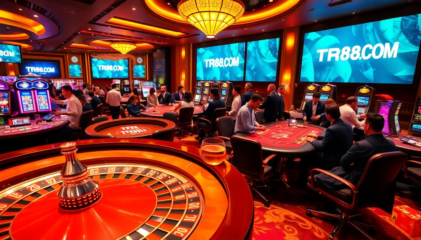 Players enjoying an exciting game at TR88.COM casino, surrounded by vibrant gambling elements.