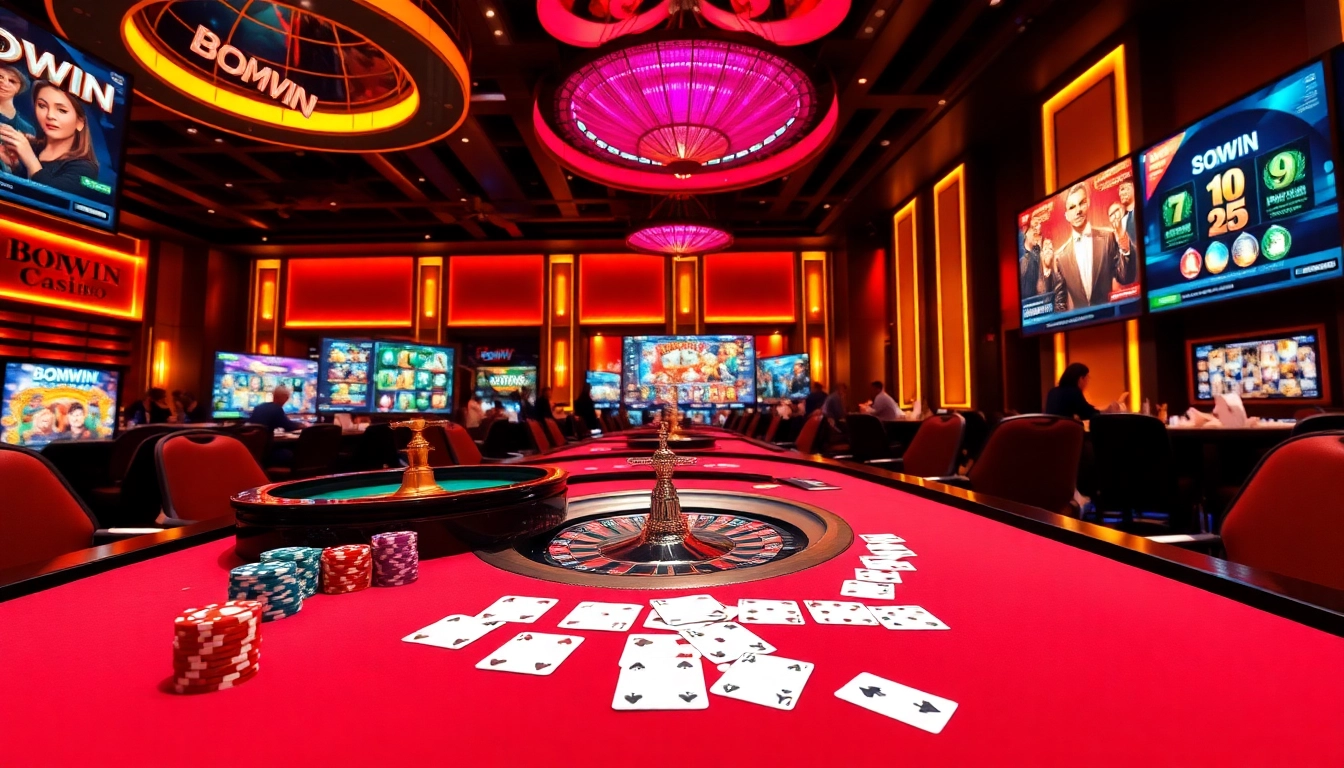 Experience the excitement of bomwin with lively gaming tables, colorful chips, and online casino action.